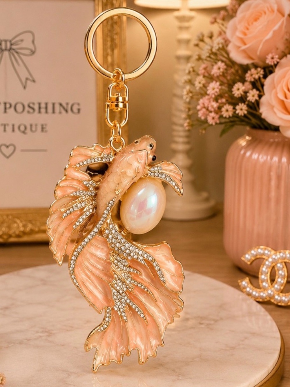Elegant Peach Fish Keychain with Pearl Accent